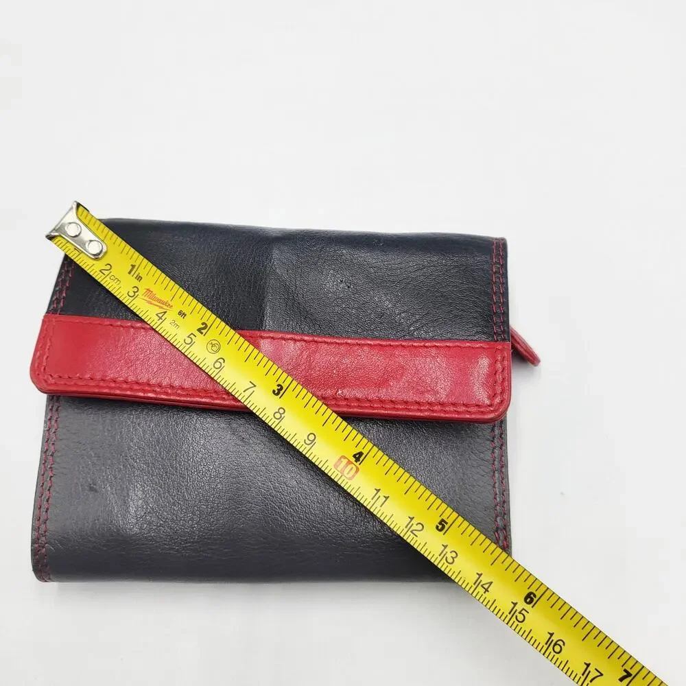 Red Gray & Black Colorblock Genuine Leather RFID Protection Tri-Fold Wallet